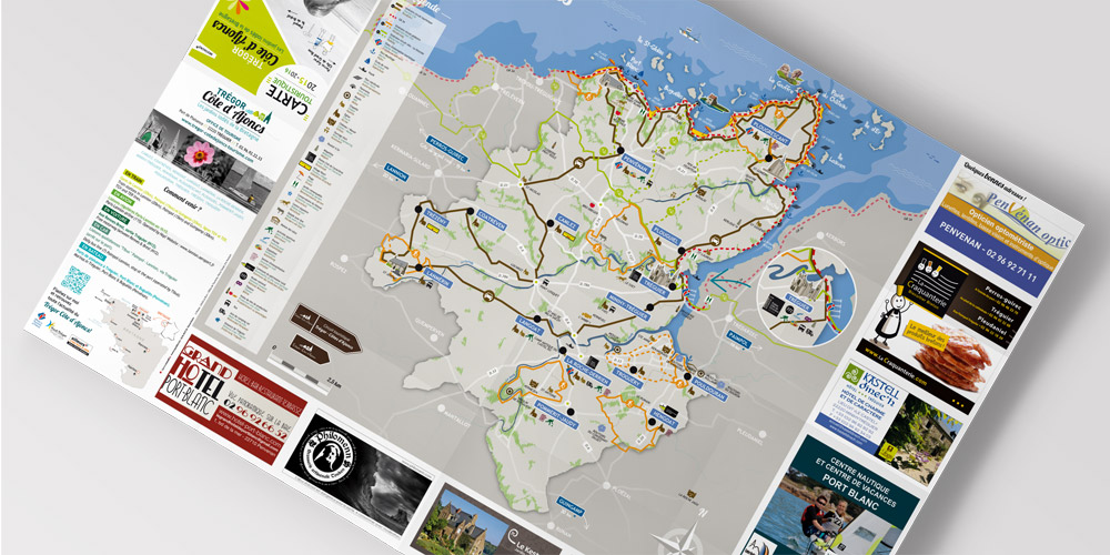 Carte-touristique-Tregor-Coqueliko Création originale d'une carte touristique et de randonnées pour l'OT Trégor Côte d'Ajoncs-Coqueliko Roudenn Boutik Lannion-Commerce local et circuit court