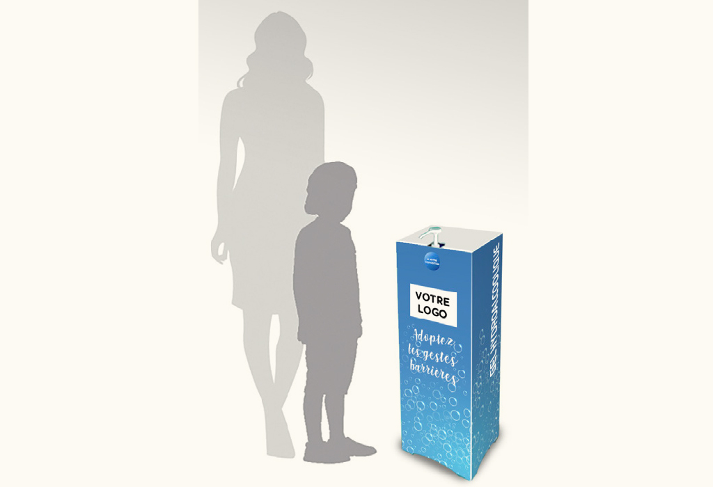 Borne-en-panneau alvéolaire-90 cm-distribution-gel-hydroalcoolique-Roudenn-Lannion-100% recyclable-Fabriqué en Bretagne-Fabriqué en France-Pour bidon 5 l-personnalisable