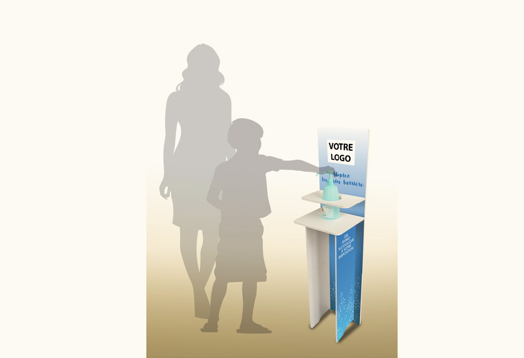 Borne-en-PVC-distribution-gel-hydroalcoolique-120 cm-Roudenn-Lannion-100% recyclable-Fabriqué en Bretagne-Fabriqué en France