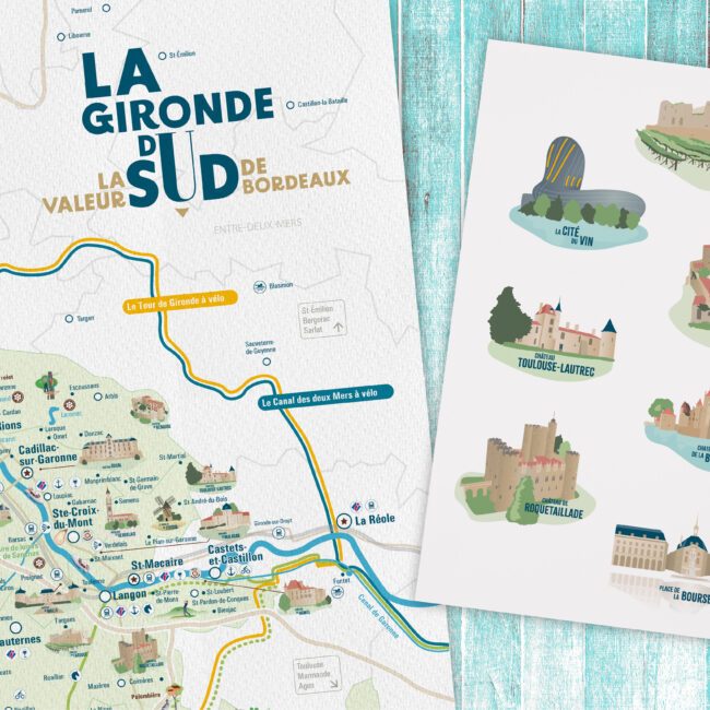 Création de carte illustrée du Sud Gironde valorisant les vignobles et le patrimoine